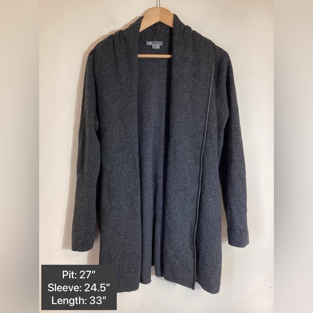 VINCE Leather Trim Cardigan Cashmere Wool Silk - Picture 5 of 16